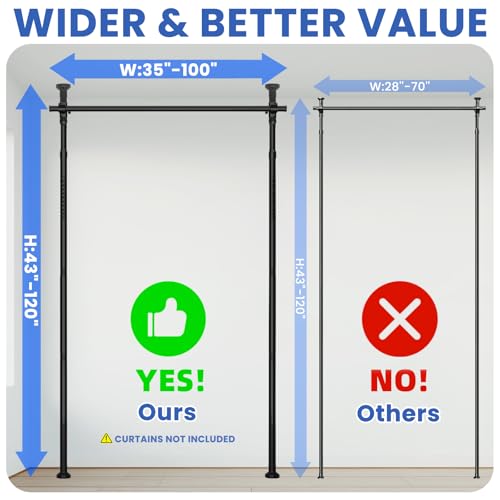Room Divider Tension Curtain Rods No Drilling Room Separator for Space Partition Adjustable (W) 35-100in×(H) 43-120in, Heavy Duty Temporary Wall Divider Floor to Ceiling Tension Rod, Black, 1 Pack Sovtfides