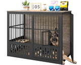 Yafylly 48 Inch XXL Dog Crate Furniture, Wooden Chewproof Dog Kennel with Interactive Window, 360° Adjustable Bowls (5 Heights), Storage Table Top, Heavy Duty XL Dog Crate for Medium Large Dogs, Gray Yafylly