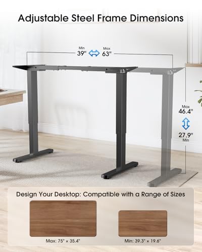 Zontera Standing Desk Frame with Powerful Dual Motor, 265 lbs Weight Capacity, Electric Adjustable Desk Legs for Max 75″x 35.4″ Desktop, 3 Memory Height Settings, Black Frame Only Zontera