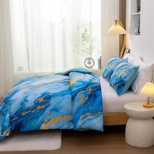Holawakaka Light Blue Gold Marble Print Bedding Comforter Set Queen Size Marbled Bed Sets 3 Pieces (Light Blue Gold, Queen) Holawakaka