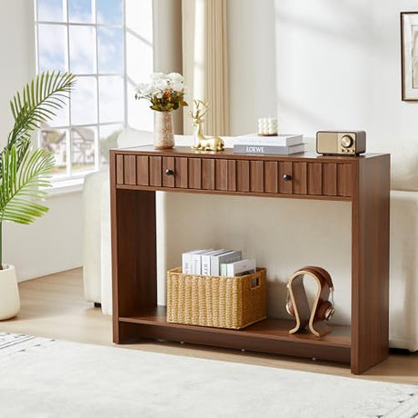 RUSTYER Console Table with Drawers, Narrow Mid-Century Fluted Entryway Table Sofa Table with Storage Shelf, Wood Entry Table Accent Behind Couch Table for Entrance, Hallway, Living Room (Walnut) RUSTYER