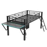 Bellemave Twin Loft Bed with Desk, Gaming mid loft Bed with Desk, LED, Storage Space, Black Bellemave
