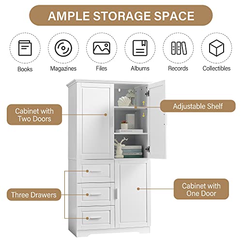 Merax Storage Cabinet with Three Drawers and Doors, Wide Pantry Cupboard for Kitchen, Living Room and Bathroom, Adjustable Shelf, White Merax