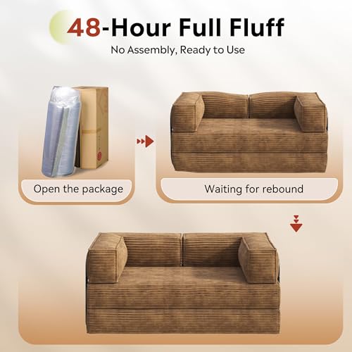 WLIVE 71'' Futon Sofa Bed, Convertible Sleeper Sofa, Folding Pull Out Couch Boneless Mattress with Fixed Frame, Corduroy, Brown WLIVE