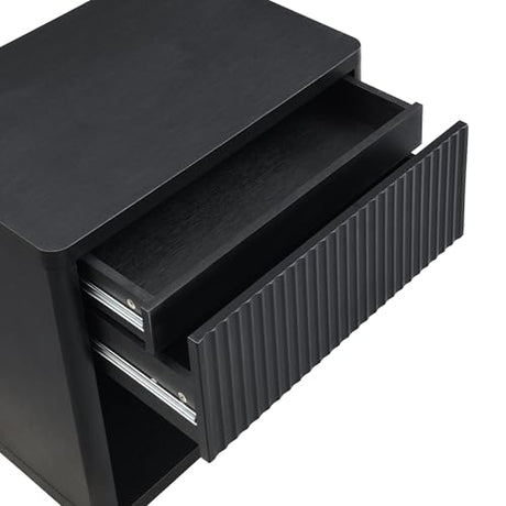 Yechen 22.8" W Black Nightstand Set of 2 with Hidden Drawers and Open Shelves, Mid Century Modern Nightstand Curved Profile, Large Wood Fluted Night Stand, Accent Bedside End Table Yechen