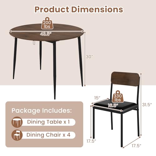 Giantex 5-Piece Dining Table Set for 4, 43.5" Round Kitchen Table and 4 Upholstered Dining Chairs with Drop Leaf Tabletop, Sturdy Metal Frame, Space Saving Farmhouse Dinette Set for Dinette Dinner Giantex