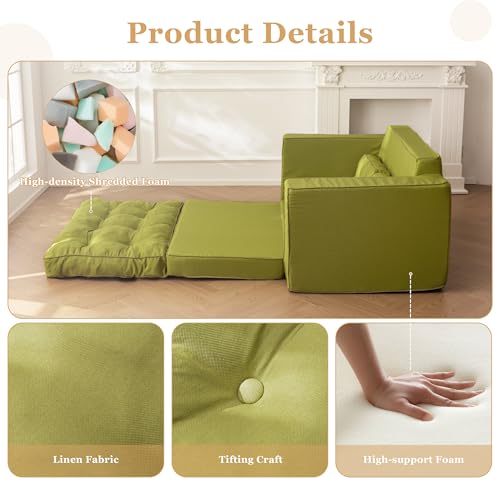 YOSHOOT Loveseat Sleeper Sofa,55" Convertible Sofa Bed Couch Futon Couches for Living Room,3-in-1 Pull Out Floor Couch with Backrest and Pillows, Green YOSHOOT