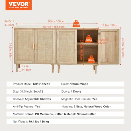 VEVOR Rattan Buffet Cabinet with Storage, 4 Magnetic Doors and Adjustable Shelves, Sideboard for Hallway, Living Room, Kitchen, Natural VEVOR