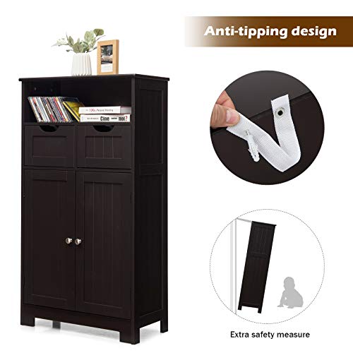 Tangkula Bathroom Floor Cabinet, Storage Cabinet w/Open Shelf, 2 Doors & 2 Adjustable Drawers, Standing Cupboard for Kitchen, Bathroom Cabinet for Living Room Home Office (Espresso) - WoodArtSupply