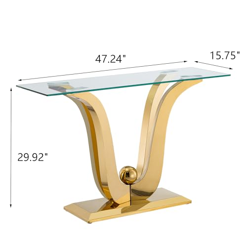 Henf Luxury Gold Glass Console Table Modern 47" Rectangular Slim Entryway Table with Mirror Finish Stainless Steel Base and Clear Glass Top for Living Room Hallway Corridor Entrance Table (Gold) Henf