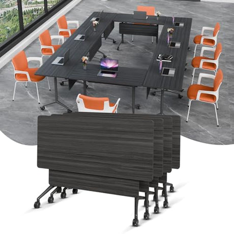 IEDZBEQ Folding Conference Room Tables on Wheels - Mobile Conference Tables Wooden Rectangular Flip Top Training Table 8-16 Person,for Meeting,Office,Seminar (2, Ebony, 47 in) IEDZBEQ