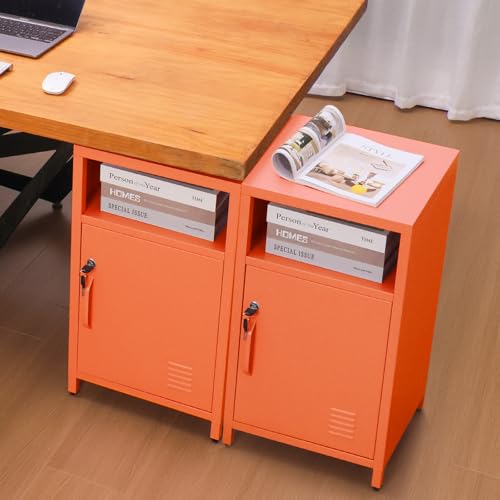 ALBAD Compact Metal Nightstand with Lockable Cabinet and Open Shelf, Modern Bedside Table, Versatile Side Table for Bedroom, Living Room, or Office (Orange, 26" H-Lockable Door) ALBAD