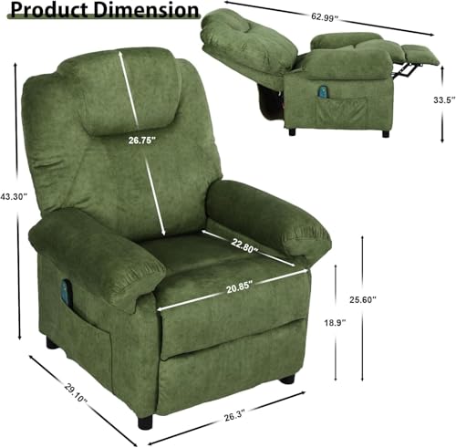 KCREAM Overstuffed Push Back Recliner Chair for Living Room, Mid Century Fabric Heated Massaging Reclining Chair Small Recliner Chair with Heat and Massage, Green