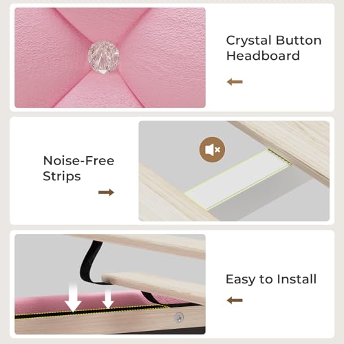HAUOMS Full Bed Frame with LED Lights, Princess Velvet Upholstered Platform Bed for Girls, Headboard with Charging Station & Guardrail & Crystal Button, No Box Spring Needed, Pink HAUOMS