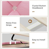 HAUOMS Full Bed Frame with LED Lights, Princess Velvet Upholstered Platform Bed for Girls, Headboard with Charging Station & Guardrail & Crystal Button, No Box Spring Needed, Pink HAUOMS