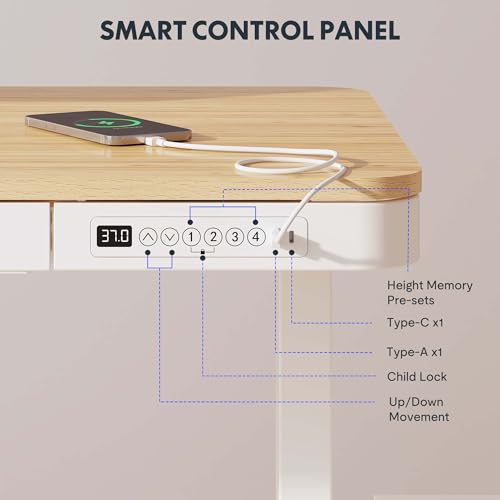 FLEXISPOT Comhar Electric Standing Desk with Drawer Desktop & Adjustable Frame w/USB Charge Ports (Bamboo-Look Laminate/White, Wood) FLEXISPOT