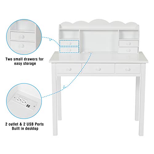 ADORNEVE Writing Desk with USB Port, Home Office Desk with Drawers and Hutch, 36.2" Study Table Computer Desk for Student/Adults, Computer Work Station with Storage Shelf, 7 Drawers, White ADORNEVE