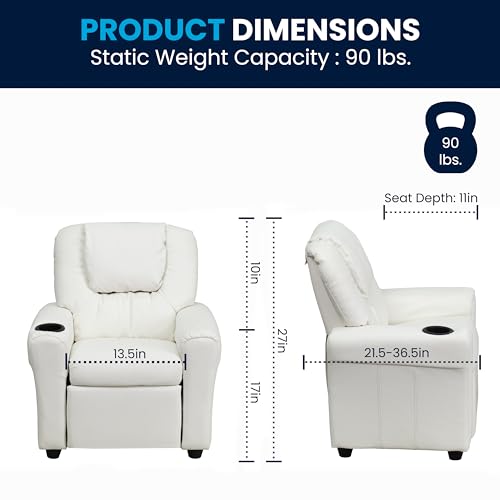 Flash Furniture Vana Vinyl Kids Recliner with Cup Holder, Headrest, and Safety Recline, Contemporary Reclining Chair for Kids, Supports up to 90 lbs., White
