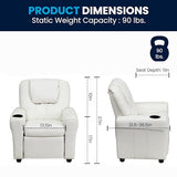 Flash Furniture Vana Vinyl Kids Recliner with Cup Holder, Headrest, and Safety Recline, Contemporary Reclining Chair for Kids, Supports up to 90 lbs., White