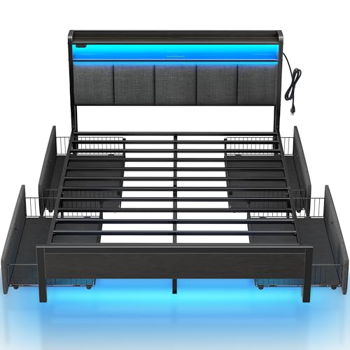 Rolanstar Bed Frame Queen Size with Charging Station and LED Lights, Upholstered Storage Headboard with Drawers, Heavy Duty Metal Slats, No Box Spring Needed, Noise Free, Easy Assembly, Dark Grey Rolanstar