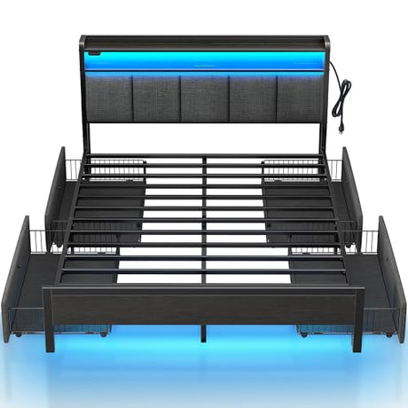 Rolanstar Bed Frame Queen Size with Charging Station and LED Lights, Upholstered Storage Headboard with Drawers, Heavy Duty Metal Slats, No Box Spring Needed, Noise Free, Easy Assembly, Dark Grey Rolanstar