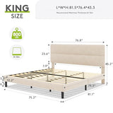 GRUSIGN King Size Platform Bed Frame with Velvet Headboard, Adjustable Height Wooden Slats Support, Upholstered Mattress Foundation, Fits Mattress or Mattress with Box Spring, Easy Assembly, Beige GRUSIGN
