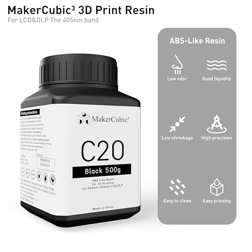 MakerCubic3 Fast ABS-Like 3D Printer Resin. 405nm Band Curing, Non-Brittle High Precision 3D Printing Liquid ABS-Like Photopolymer, Resin for LCD DLP 3D Printing(500g) (Grizzly) MakerCubic³