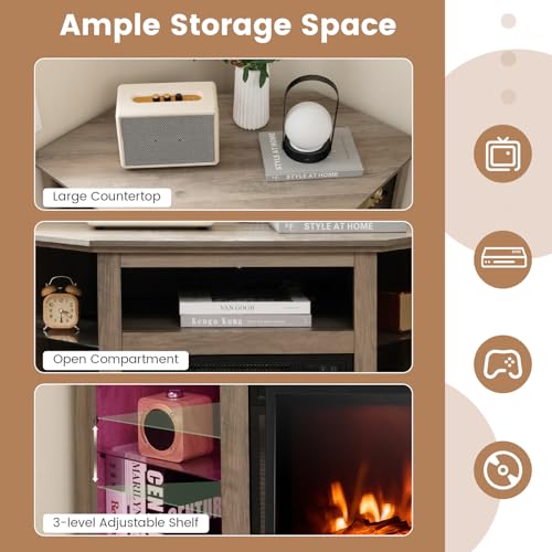Tangkula Fireplace Corner TV Stand with LED Lights & Smart APP Control for 50 Inches TV, Entertainment Center with Adjustable Glass Shelves, 18” Electric Fireplace, Remote Control, Thermostat Tangkula