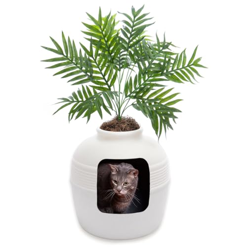 Good Pet Stuff, The Original Hidden Litter Box Base Kit, Round Enclosed Cat Litter Box Planter with Artificial Plants, Vented Carbon Odor Filter System, Florist Moss, Easy to Clean, White Bir - WoodArtSupply