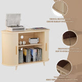 YKVIQBY 39" Record Player Stand with Vinyl Storage,Large Turntable Stand Holds up to 300+ Albums,Record Player Table,Stereo Cabinet with Open Storage,Charging Station & LED Lights,for Living Room,Oak YKVIQBY