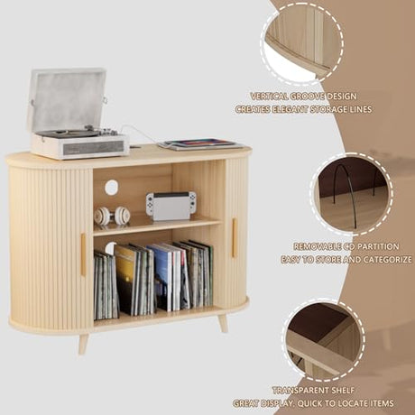 YKVIQBY 39" Record Player Stand with Vinyl Storage,Large Turntable Stand Holds up to 300+ Albums,Record Player Table,Stereo Cabinet with Open Storage,Charging Station & LED Lights,for Living Room,Oak YKVIQBY