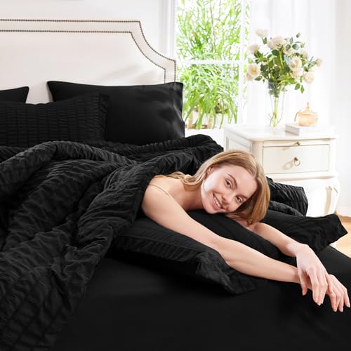 CozyLux King Size Comforter Set Black Seersucker 7 Pieces Bed in a Bag King Comforter Set with Sheets, Luxury Soft Bedding Set with Down Alternative Comforter, Sheets, Pillowcases & Shams All Seasons CozyLux