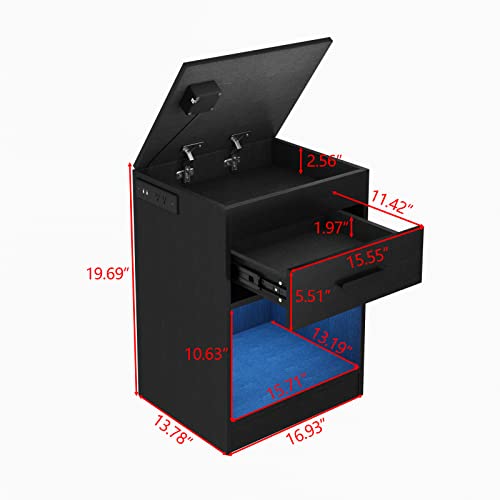 Auromie Nightstand with Charging Station and LED Lights, Concealment Furniture with RFID Lock Cabinet and Power Outlets, Bedside Table with Hidden Compartment for Valuables Storage, Black Auromie