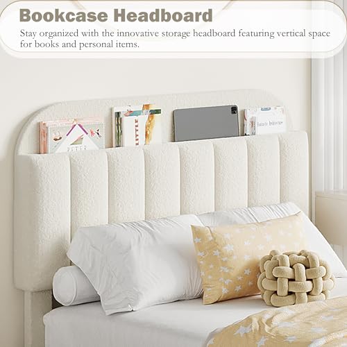 IDEALHOUSE Twin Bed Frame for Kids, Boucle Upholstered Platform Bed for Boys/Girls with 2 Flexible Drawers, Bookcase Headboard, Noise-Free, Easy Assembly, No Box Spring Needed, Beige IDEALHOUSE