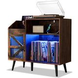 MULEJYBO Large Rustic Record Player Stand with Magnetic Door,350 Vinyl Record Storage Cabinet, Record Player Table with Power Outlet & LED Light,Turntable Stand with Wood Legs for Living Room,Office MULEJYBO