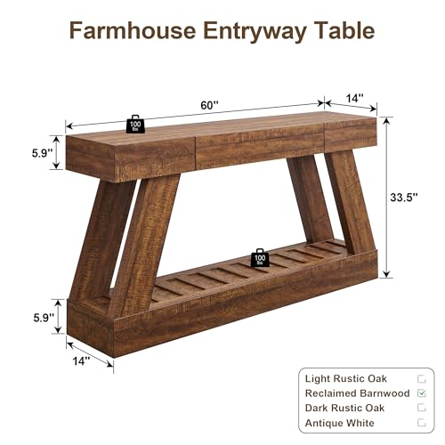 OKD 60" Farmhouse Entryway Table with Drawer, Narrow Long Console Table for Entryway, Console Tables with Storage(Reclaimed Barnwood) OKD