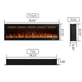 Rodalflame 74" WiFi-Enabled Electric Fireplace Insert, APP Smart Control, Wall Mounted&Recessed Linear Fireplace Heater with Thermostat, Flame&Top Lights, Log&Crystal, Timer RODALFLAME