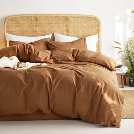 Wake In Cloud - Cotton Duvet Cover Set, Queen Size, Caramel Terracotta, 100% Washed Cotton, Linen Like Textured, Breathable Percale Durable Comfy Farmhouse Neutral Bedding Set, 3 Pieces Wake In Cloud
