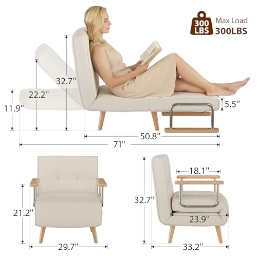 3 in 1 convertible sleeper sofa bed - Portable Rollaway Guest Bed Space-Saving Foldable Design for Easy Storage Futon Chair with 6-Level Adjustable Backrest for Guest Room Apartment Dorm, Cream Beige TIMBERKNOWS