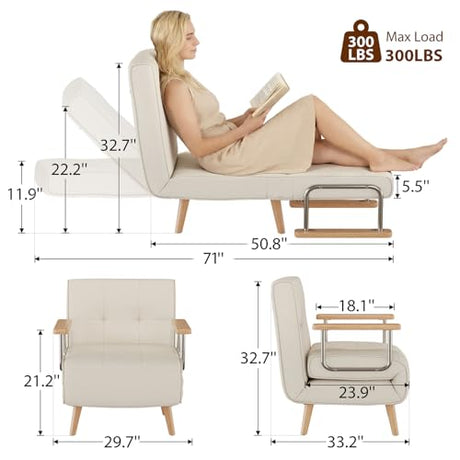 3 in 1 convertible sleeper sofa bed - Portable Rollaway Guest Bed Space-Saving Foldable Design for Easy Storage Futon Chair with 6-Level Adjustable Backrest for Guest Room Apartment Dorm, Cream Beige TIMBERKNOWS