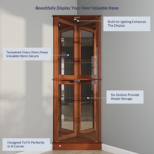BELLEZE Lighted Accent Corner Display Curio Cabinet with Tempered Glass Doors and Shelves, Classic Wood Cabinet with Bulb, Corner Curio Storage Rack BELLEZE