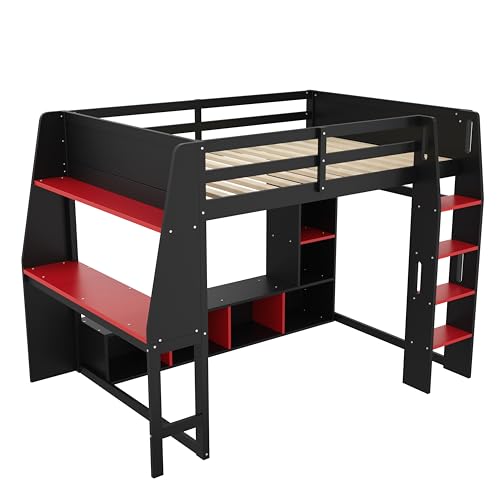Full Size Gaming Loft Bed with Desk & RGB Light & Open Wardrobe,Wooden Loft Bed Frame with Storage Shelves,Safety Guardrails,Ladder and Under Bed play Space for Teens Adults,No Box Spring Needed,Black Harper & Bright Designs
