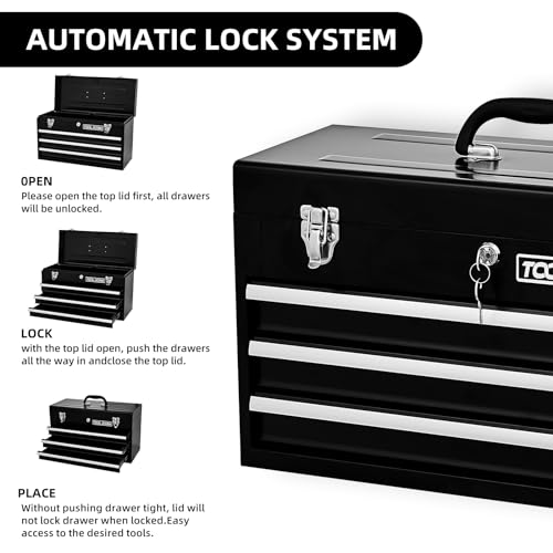 Tool Dorm 20.3“ Metal Tool Box with Drawer Portable Steel Metal Tool Box with Protective Liner and Metal Latch Closure and Lock for Garage, Home and Warehouse (Black-3 Drawers) TOOL DORM