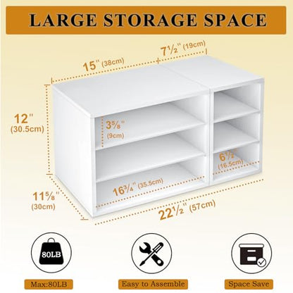 MARTY Printer Stand with Storage for Desk Large Desktop Printer Stand Shelf Riser with 6 Storage Compartments Wood Desk Paper Organzier File Organizer for Home/Office, White - WoodArtSupply