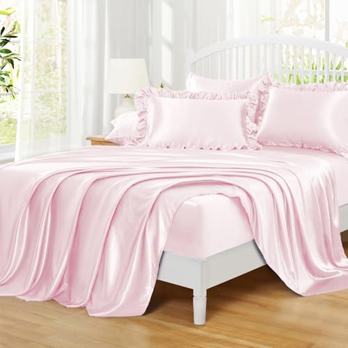 Homiest Ruffled Satin Sheets Queen Size 6pc Set - Blush Pink Bed Sheet Set with 15 Inch Deep Pocket Fitted Sheet, 1 Flat Sheet, 2 Ruffled Pillow Shams & 2 Pillowcases, Similar to Silk Sheets Homiest