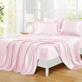 Homiest Ruffled Satin Sheets Queen Size 6pc Set - Blush Pink Bed Sheet Set with 15 Inch Deep Pocket Fitted Sheet, 1 Flat Sheet, 2 Ruffled Pillow Shams & 2 Pillowcases, Similar to Silk Sheets Homiest