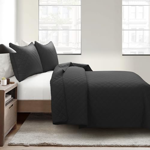 Lush Decor Ava Diamond Cotton Quilt King Size 3 Piece Set Black - Black Bedding Set King Quilt - Modern Minimalist Decor - Fall Quilts Lush Decor