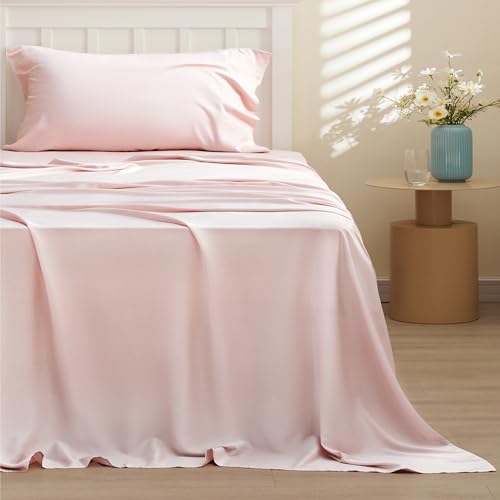 Bedsure Cooling Sheets Twin, Rayon Derived from Bamboo, Breathable & Soft Twin Sheets Set, Deep Pocket Up to 16 Inches, Hotel Luxury Silky Bedding for Hot Sleepers, Pink Bedsure