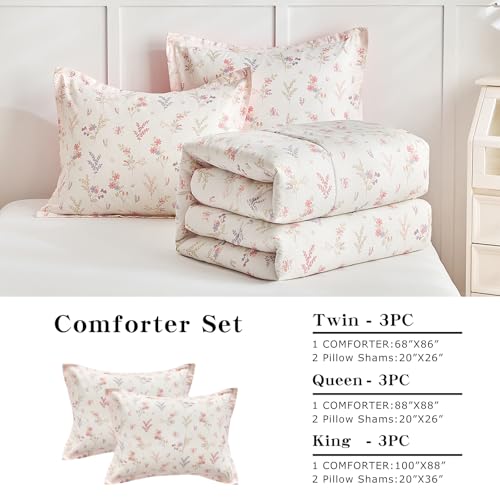 Joyreap 3pcs Cotton Comforter Set for Girls, Pink Floral Design, Twin Size Soft n Cozy Bedding Comforter Set for All Season- 68x88 inches Joyreap