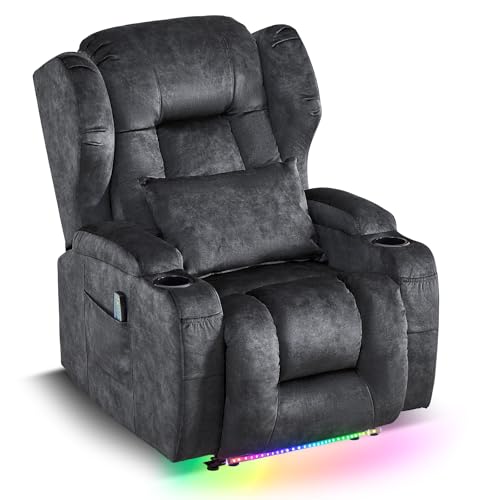 SAMERY Power Recliner Chair with Massage and Heat, Zero Wall Hugger Recliners Sofa Chair for Small Spaces, Theater Seating RV Sofa with LED Surround Lighting/USB/Cup Holders, Velvet, Charcoal